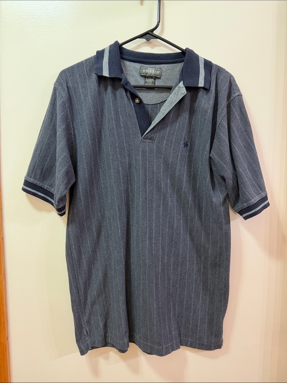 Knights Sportswear Men's Gray/Navy Pinstripe Polo Shirt. Size Medium
